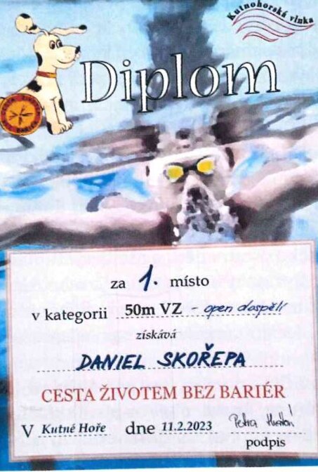 Diplom za 1. místo na 50 m volný způsob, Kutná Hora 2023
